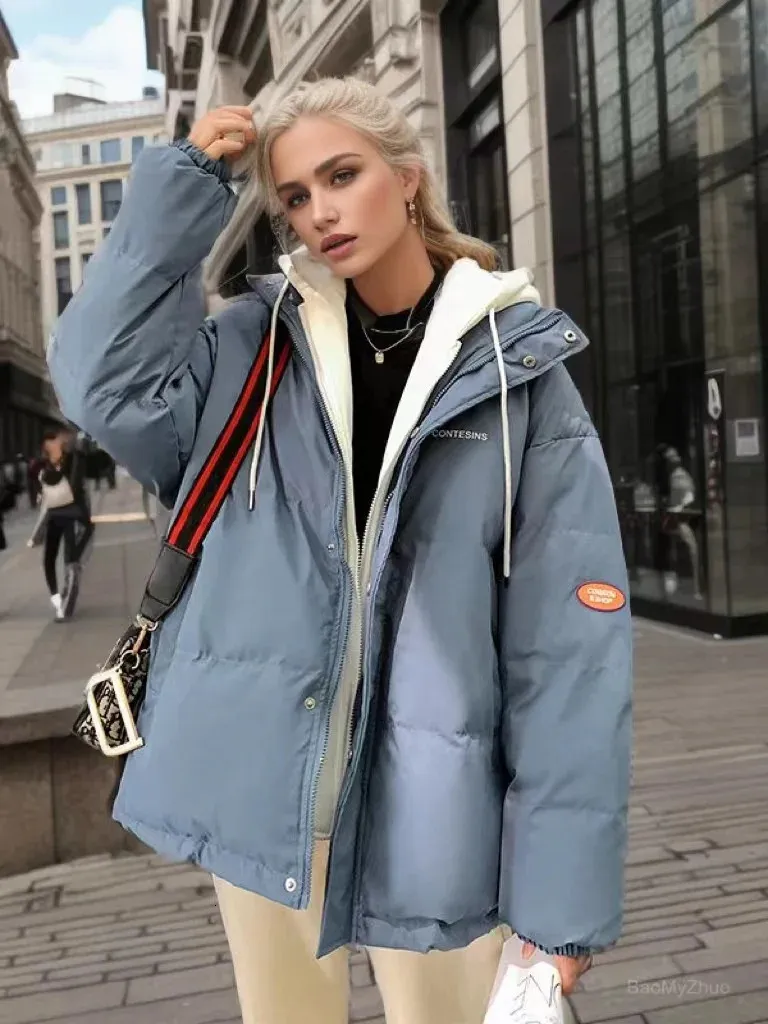 Kvinnor Down Parkas Winter Jacket Kvinnor Överrock tjock bomull vadderad kort mujer överdimensionerad avslappnad lös huva bubbla kappa kvinnlig 231114