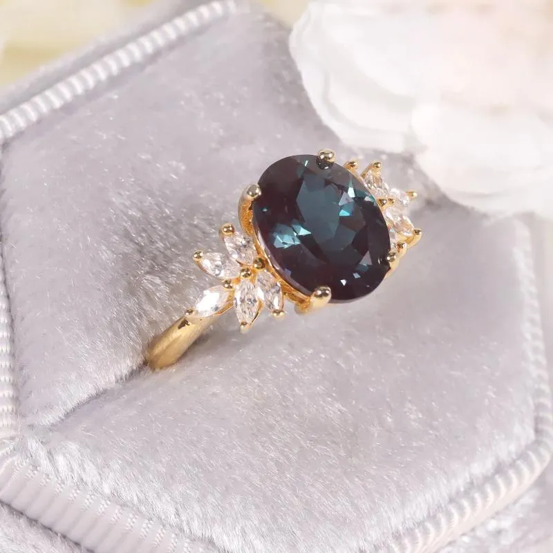 Cluster Rings Gem's Ballet 14K Gold Plated 925 Sterling Silver Large Oval 8x10mm Color Changing Lab Alexandrite Förlovningsring Gift till henne