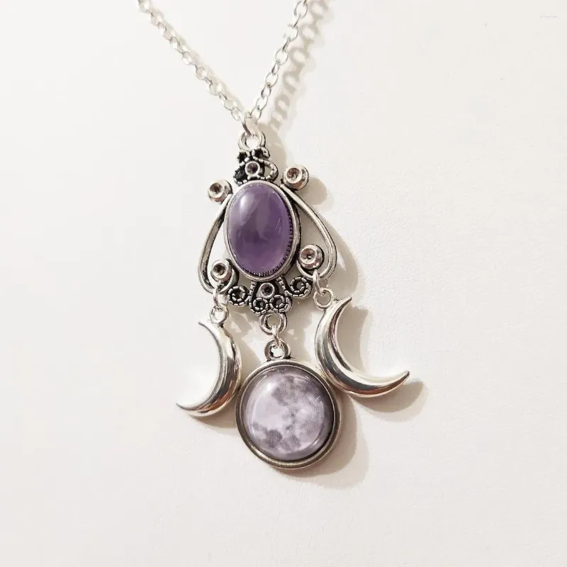 Collier gothique ras du cou bi-lune pour femmes et filles, bijoux de sorcière païen, accessoires, cadeau, pendentif lune Vintage violet