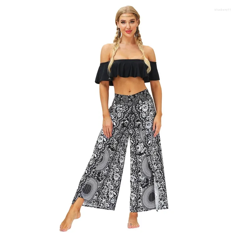 Women's Pants Ethnic Style Casual Sport Wide Leg Summer Women Digital Printing Thin High Waist Loose Gym All-Match Split Trousers