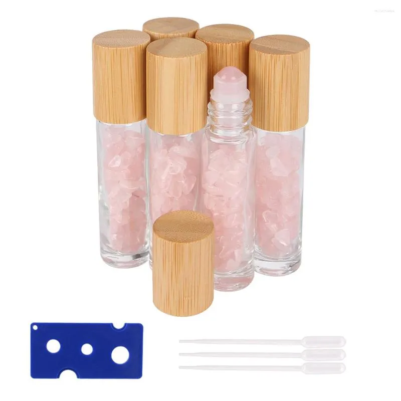 Bottiglie di stoccaggio 6 Pz / lotto Rotolo di vetro da 10 ml con sfera di rullo di pietre preziose naturali per oli essenziali Coperchi di bambù Cosmetici da viaggio