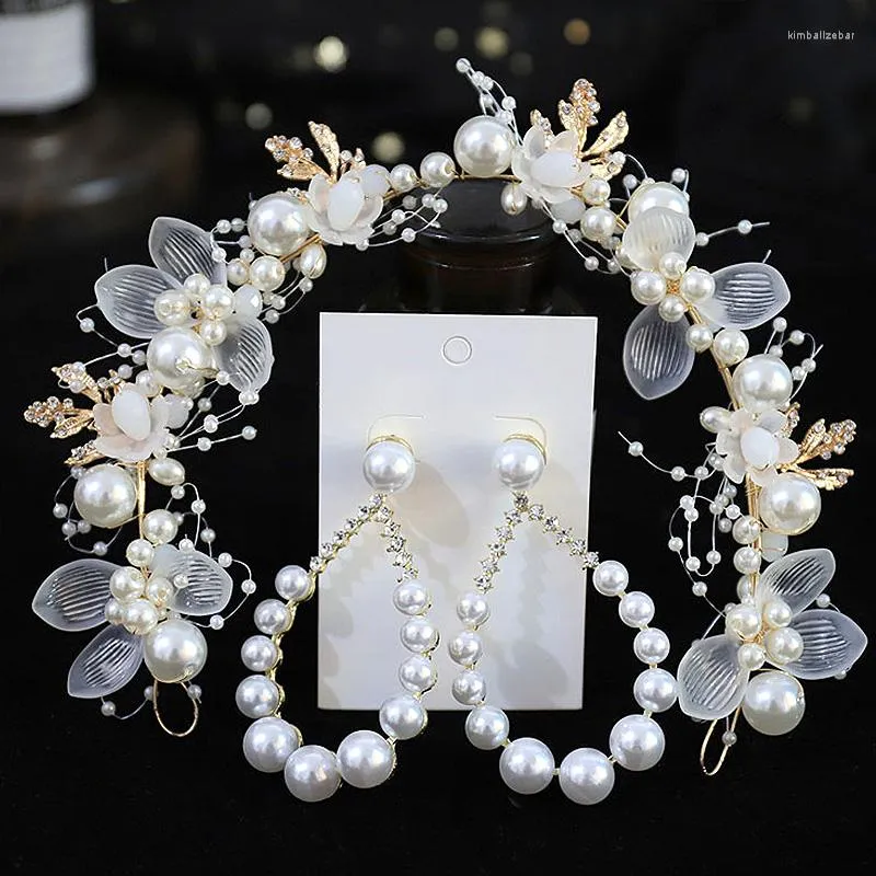 Hårklipp eleganta flickor brudpannband och örhängen set imiterad pärla huvudbonad blomma krans brud huvud båge bröllop smycken