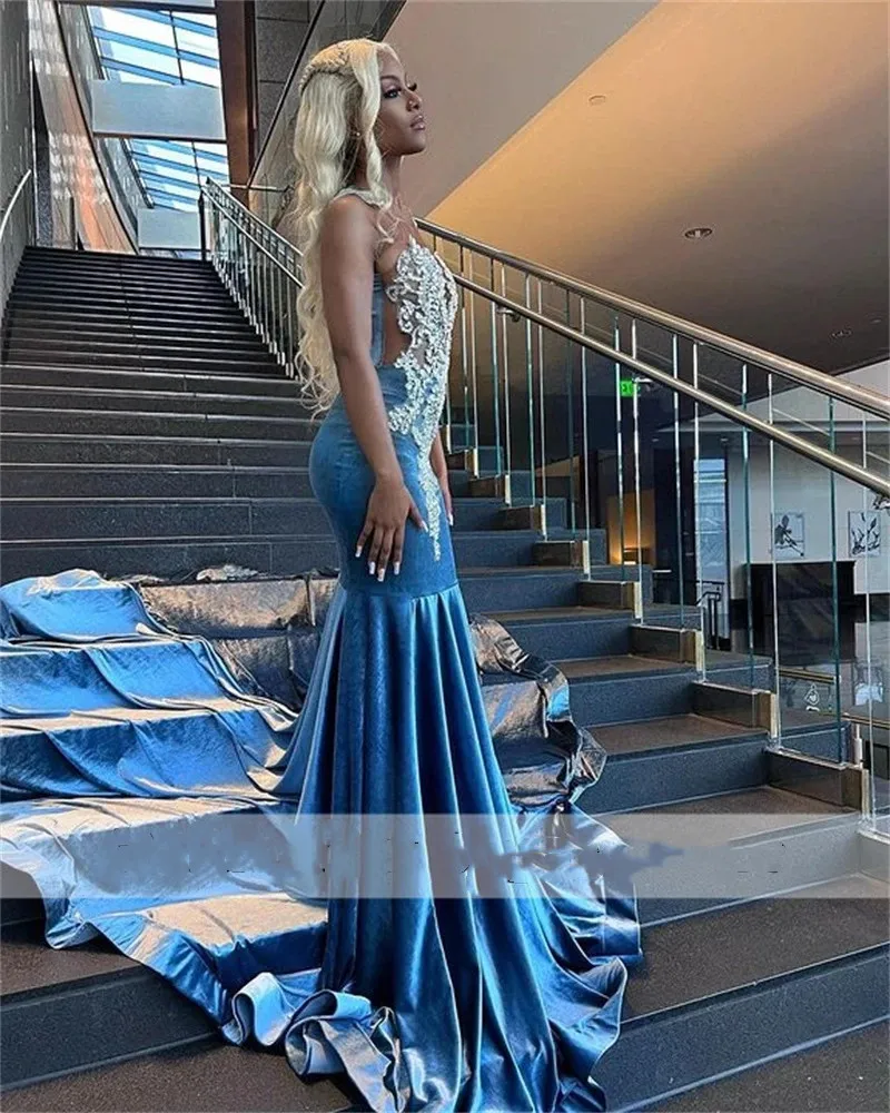 Modern Blue Velvet Mermaid Prom Dresses 2023 For Black Girls Sexy Sheer Beads Crystals Plus Size Graduation Party Gowns