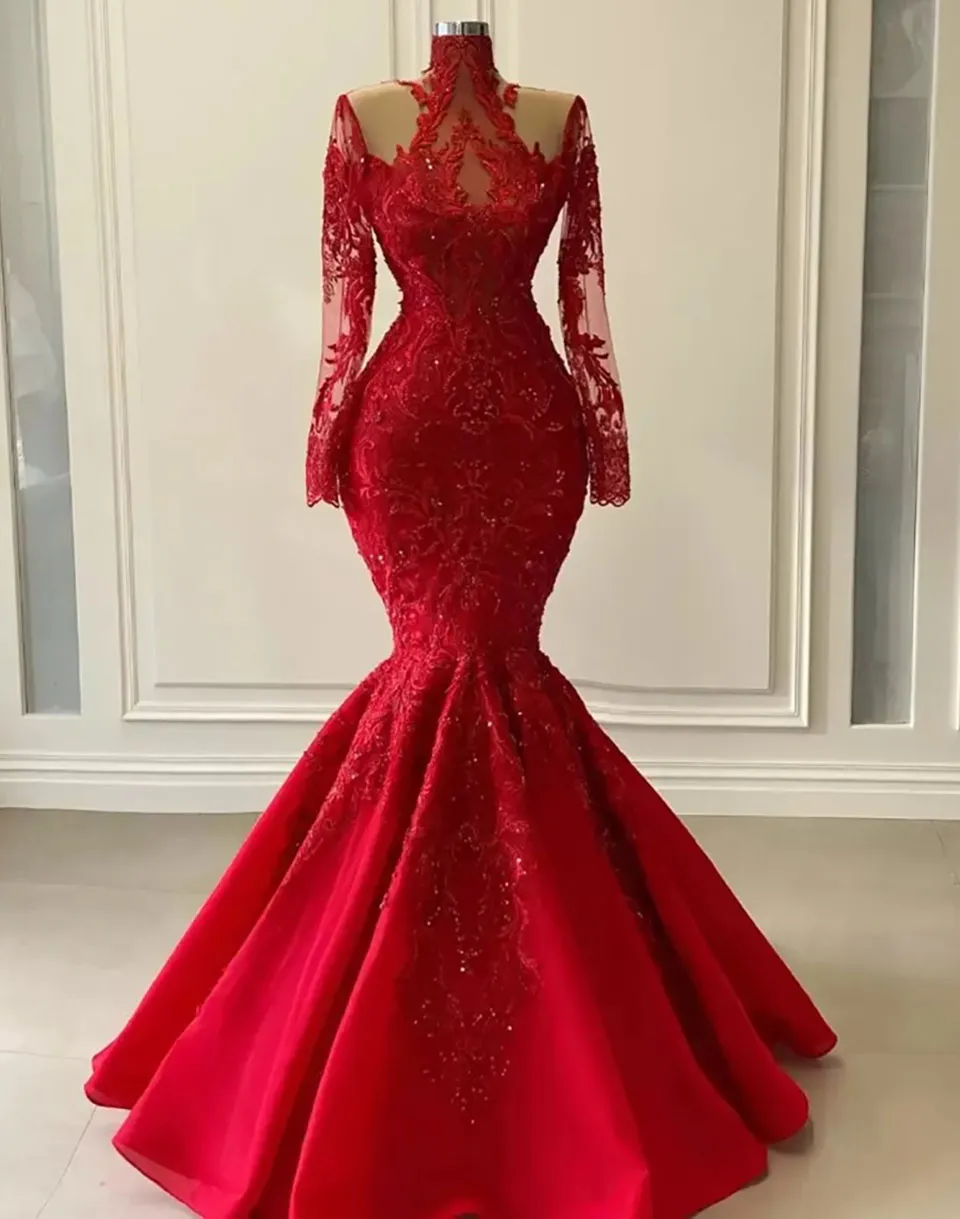 Robes de soirée robe de bal de fête rouge formelle fermeture éclair personnalisée à lacets grande taille nouvelle sirène perlée appliques col haut manches longues paillettes de satin