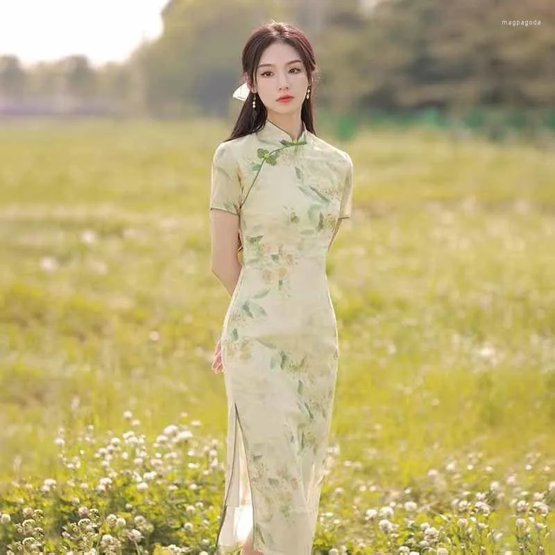 Ubranie etniczne Eleganckie kobiety Drukuj kwiat Cheongsam Oriental Young Girl