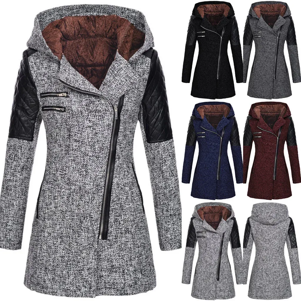 Women's Wool Blends Women's autumn and winter mid length hooded loose diagonal zipper woolen trench coat composite plush cotton jacket 231113