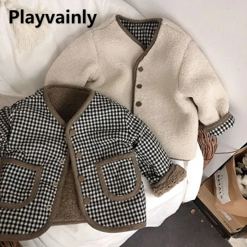 Manteau en duvet de style coréen pour garçon et fille, vêtements réversibles, beige café, laine d'agneau, veste à simple boutonnage, chaud pour enfants, E89338 231113