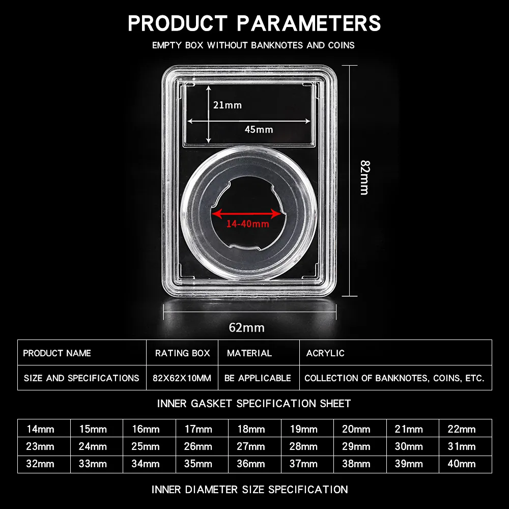 400 stCoin Storage Boxes 14mm-40mm Clear Acrylic Coin Display Slab Coin Holder Storage Box Grad Collection Coin Slab Box