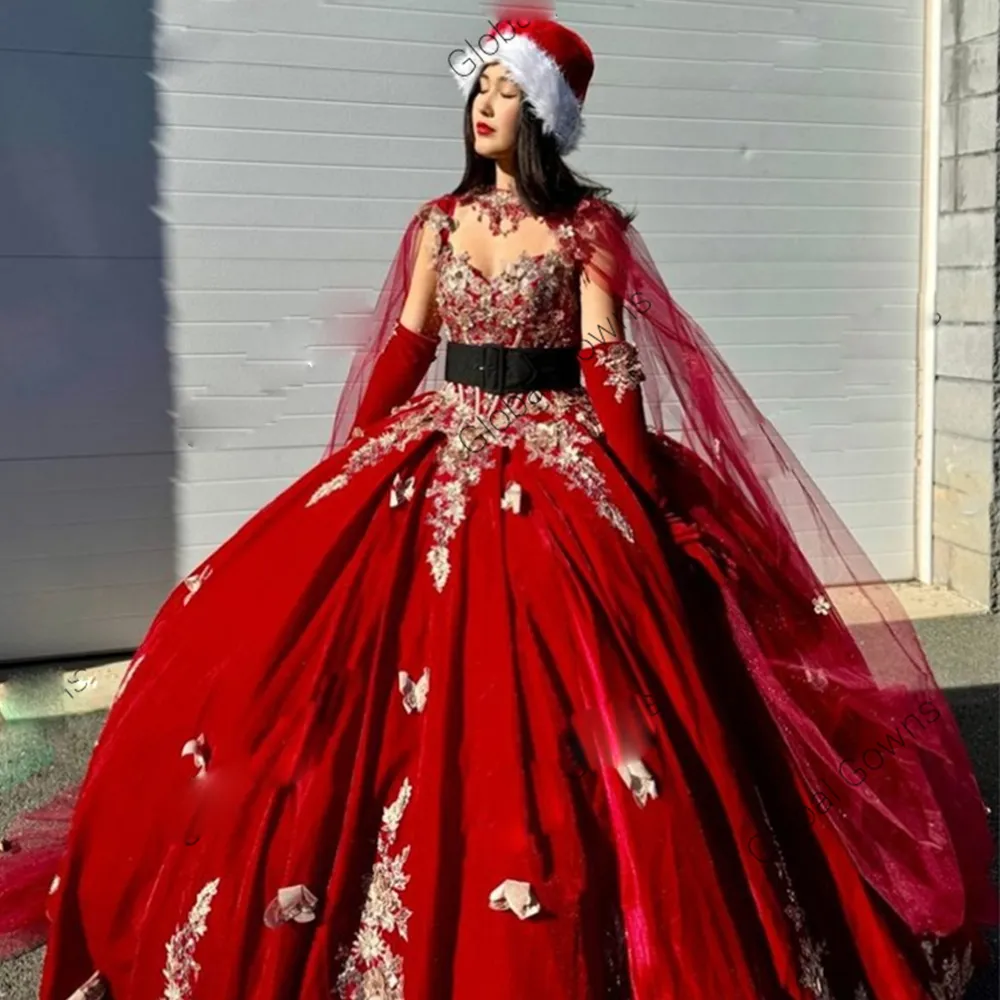 Clássico vermelho cinta de espaguete quinceanera vestido de renda apliques flor vestido de festa com capa júnior aniversário vestidos de 15