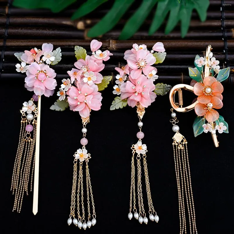 Pinces à cheveux pour femmes, accessoires de mariage chinois, perle florale, épingle à cheveux, fourchette, pompon Vintage, Bijoux en alliage