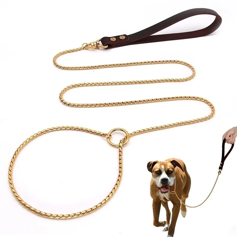 Halsbanden Honden Glamorous 304 roestvrij staal Hondenketting Halsband met leren handvat Huisdiertouw voor zilvergoud Showhond 231110