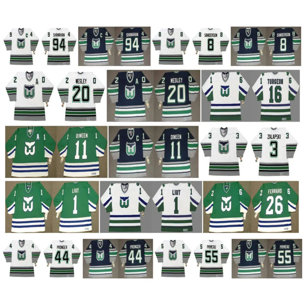 SJ Vintage Hartford Whalers Jerseys 1 Mike Liut 26 Ray Ferraro 11 Kevin Dineen 3 Zarley Zalapski 20 Glen Wesley 16 Syain Turgeon Retro Hockey