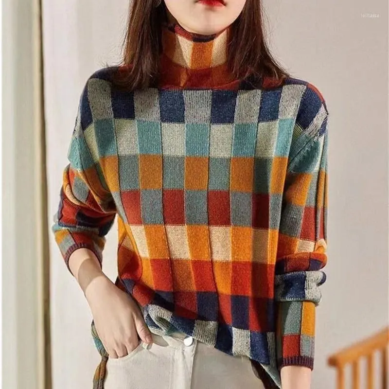 Pulls pour femmes Style coréen Col roulé Coloré Plaid Mode Femmes Automne Hiver Pull tricoté Printemps Pull décontracté