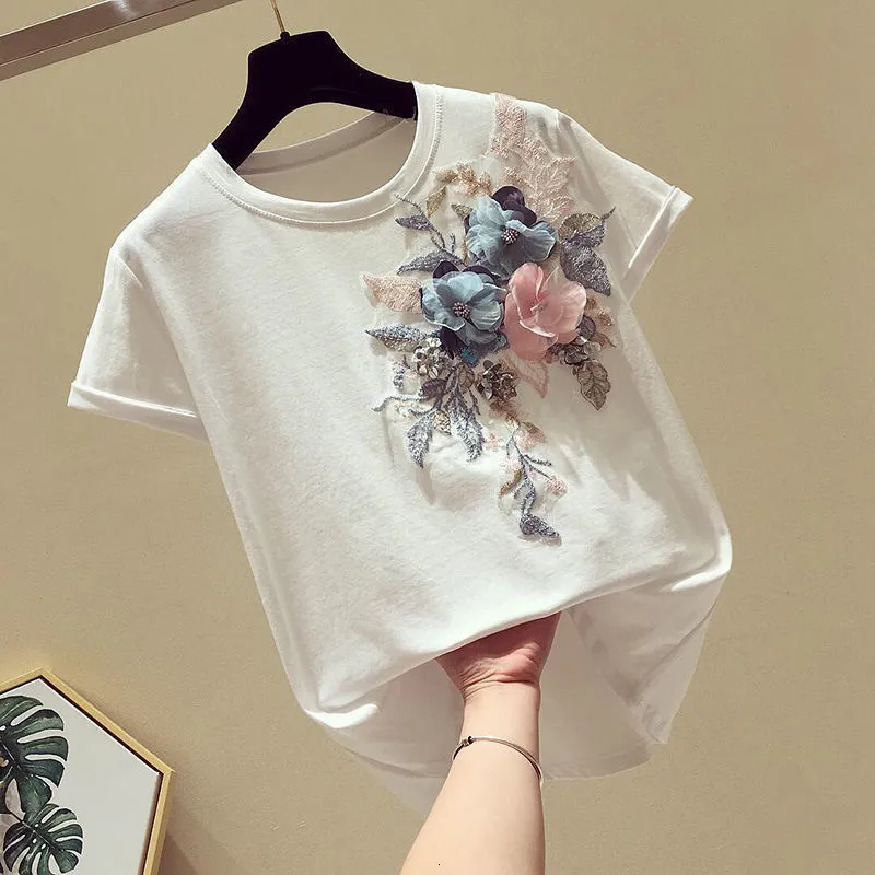 Women's T-Shirt Streetwear Women T Shirts Flowers Solid Appliques Beading Tops Female Summer Short Sleeve Plus Size Tees Cotton Clothes 230414