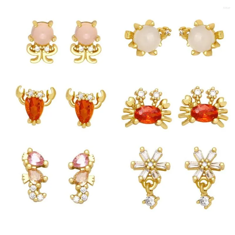 Stud Earrings FLOLA Small Red Crab For Women Girls Cute Copper Zircon Seahorse Ear Studs Animal Jewelry Gifts Ersz72