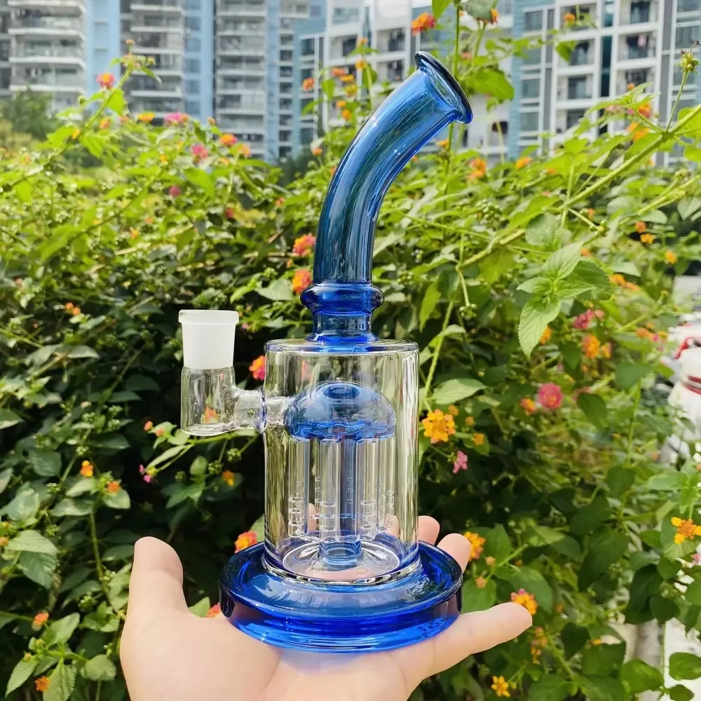 7 inç Mavi Cam Su Borusu Bong Bubbler Warnah W/ Percolator 14mm Erkek Sigara Tütün Kasesi