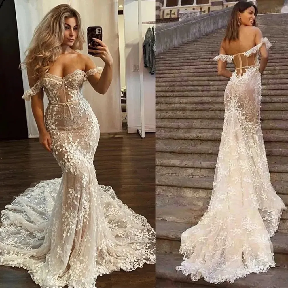 Sexy hors de l'épaule robes de mariée sirène doublure champagne dentelle florale appliqué corset robes de mariée balayage train grande taille dos nu robes de novia