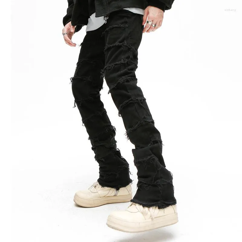 Jeans masculino retrô patchwork calças largas grunge selvagem empilhadas calças compridas rasgadas retas Y2k largas lavadas desbotadas para homens