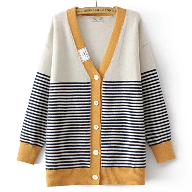 Kvinnors stickor Tees 4xl Plus Size Ladies Knit Cardigan Fashion Contrast Color Stripe Jumpers Märkning V-Neck tröja Päls Autumn Winter Knitwear 231114