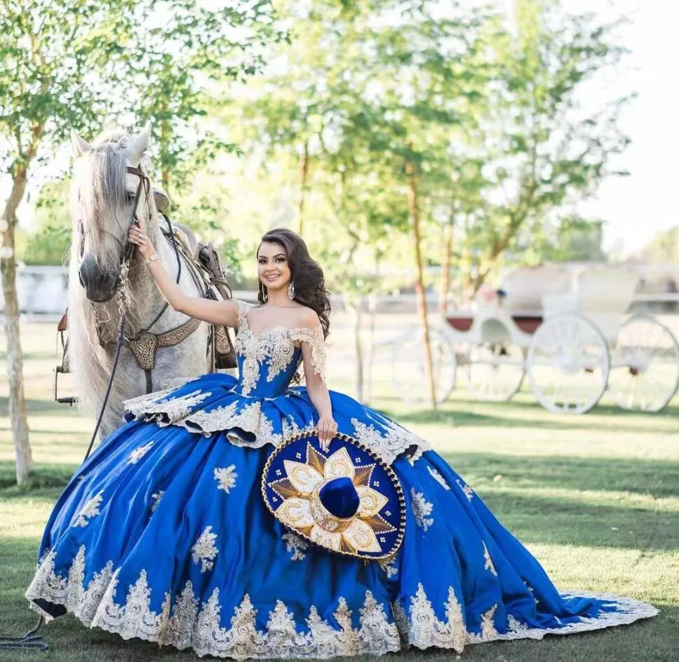 Mexican Royal Blue Quinceanera Dresses Off Shoulder Appliques Sweep Train lace-up corset prom Sweet 16 Girl Vestidos De 15 Anos