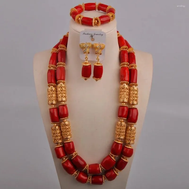 Halsbandörhängen Set Red Coral Bridal African Wedding Beads Nigerian Armband