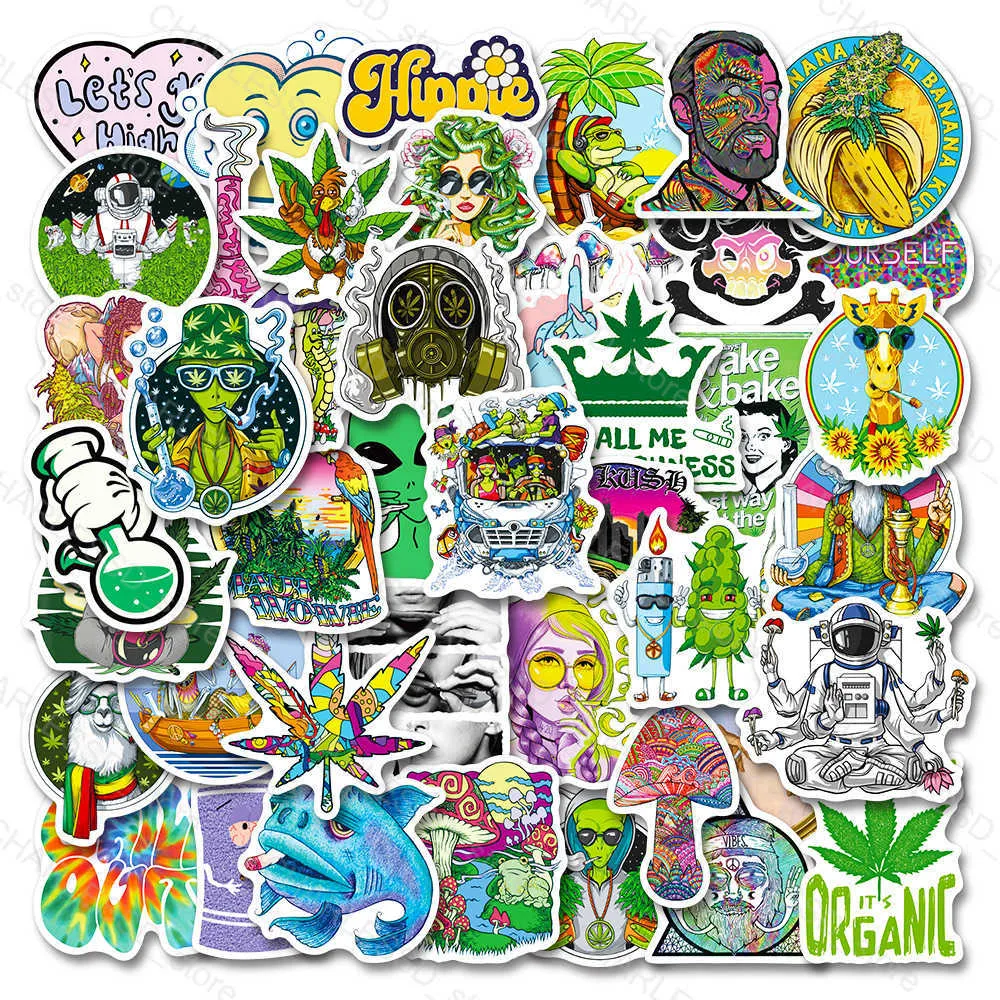 Kinderspielzeugaufkleber 10/50 Stück/Pack Hippie Psychedelic Unkraut Aufkleber Graffiti Für Laptop Gepäck Skateboard Fahrrad Cartoon Alien Anime DIY Aufkleber Spielzeug J230414