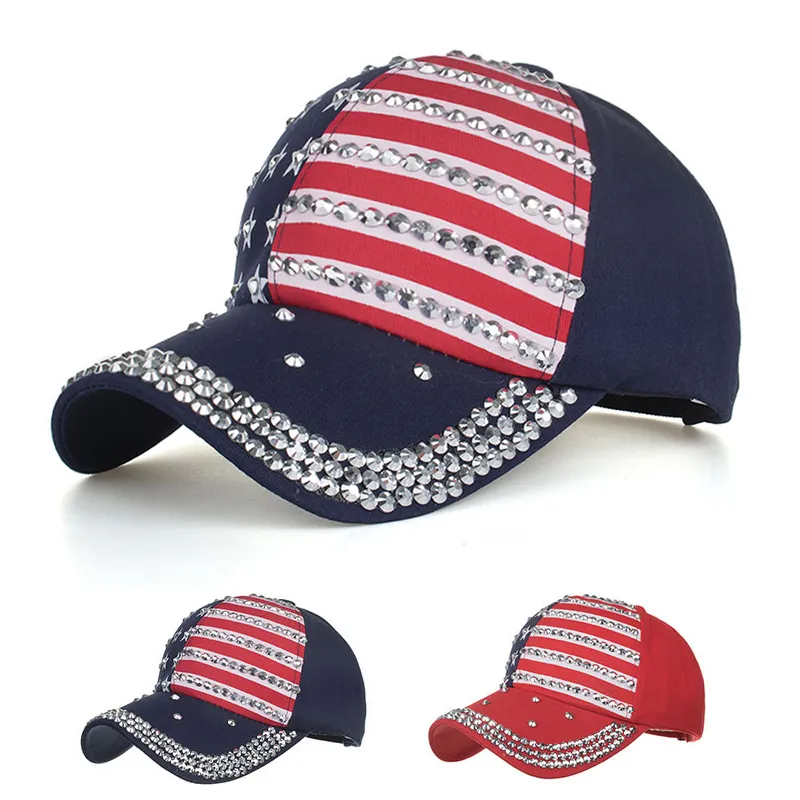 Mode Amérique Chapeau Bling Strass Bande Étoiles USA Drapeau Casquette De Baseball Snap Back Chapeaux Hip-Hop Style Ball Caps Coton