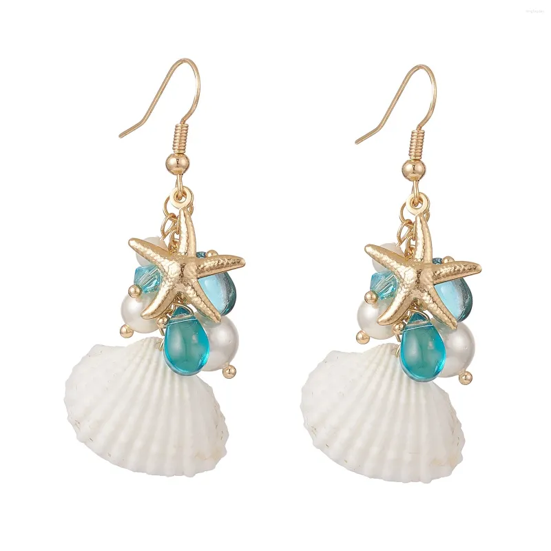 Orecchini pendenti 10 paia Conchiglia naturale bianca Perla di vetro Cluster di stelle marine Ganci per le orecchie in ottone dorato Semplici gioielli quotidiani per le donne