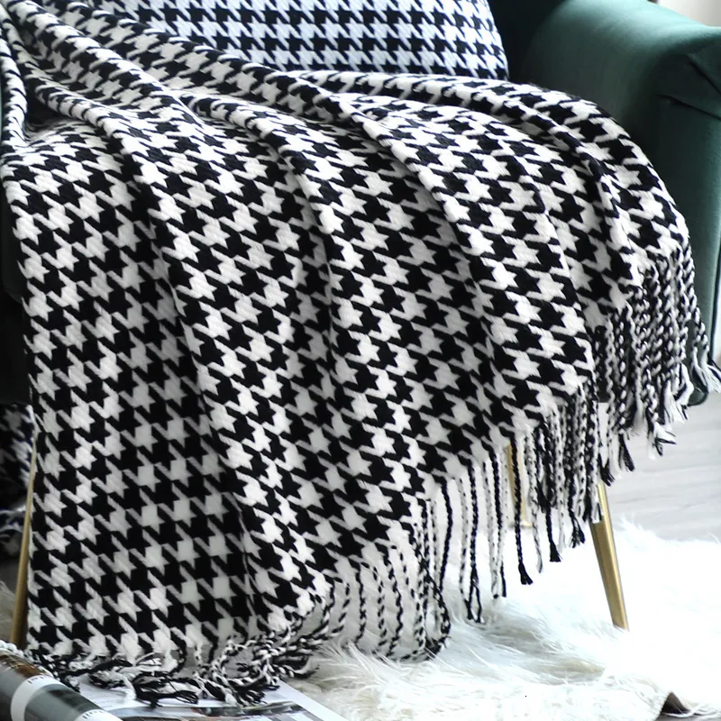 Filtar modern enkel kast filt svartvitt houndstooth dekorativ soffa filt hemvistelse el säng slut handduk säng flagga mjuk halsduk 230414