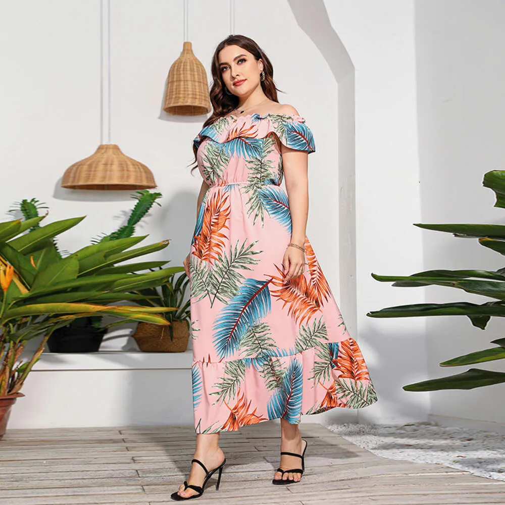 Venda quente floresta tropical na Austrália um ombro impresso grande balanço vestido feminino babado borda férias praia saia