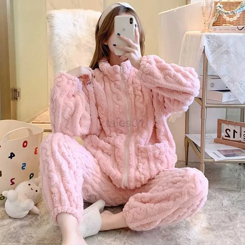 Women's Sleep Lounge Autumn Winter Zipper Pyjamas Set Women Loungewear Warm Sleepwear Home Duits Homewear Ladies Flannel Plush Lounge Sleep Wear Zln231115