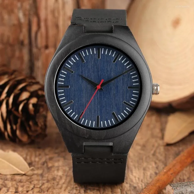 Wristwatches Est Ebony Wood Watch For Man Unique Navy Dial Natural Handmade Men's Black Genuine Leather Clock Hour Reloj Para Hombre