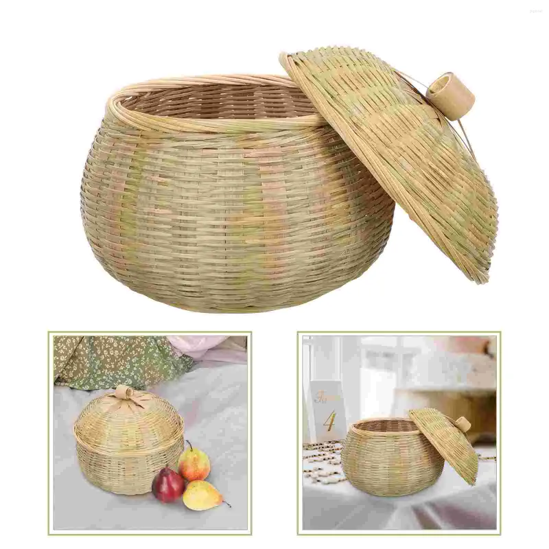 Dinnerware Sets Bamboo Basket Lid Woven Hamper Creative Baskets Wicker Storage Green Bowls