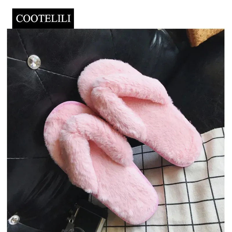 Slippers COOTELILI Winter Fashion Women Home Faux Fur Warm Shoes Woman Slip on Flats Female Flip Flops Beige Plus Size 44 45 231115