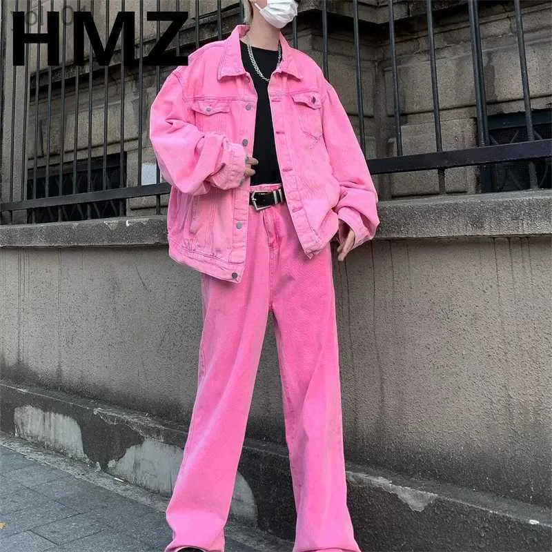 남성용 재킷 hmz 유행성 y2k 핑크 컬러 세트 청바지 정장 단색 옷깃 데님 재킷 코트 넓은 다리 스트레이트 청바지 남자 캐주얼 탑 Pantsl231115