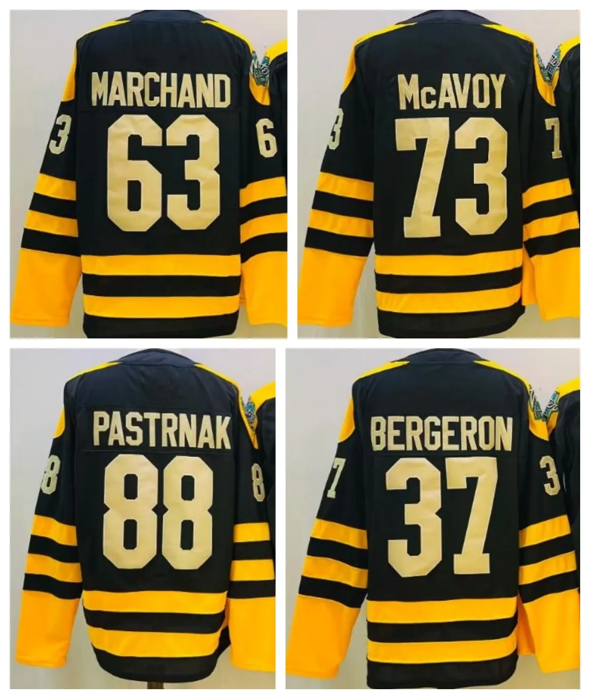 Novo 2023 Winter Classic 37 Patrice Bergeron Jersey 88 David Pastrnak 63 Brad Marchand 73 Charlie McAvoy Hockey Jerseys Black Yellow Stitched