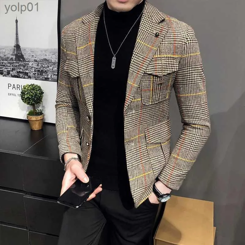 Mäns jackor 2023 Spring Men Plaid Blazers British Printed Wedding Business Casual Blazer Suft Jacka Formell Plus Size S-3XLL231115