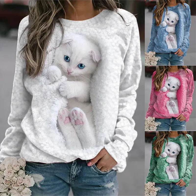 Kobiety amimalne kota drukowane bluzy projektant bluza różowa streetwear pullover bluet luźna bawełniana patchworka koszule z długim rękawem