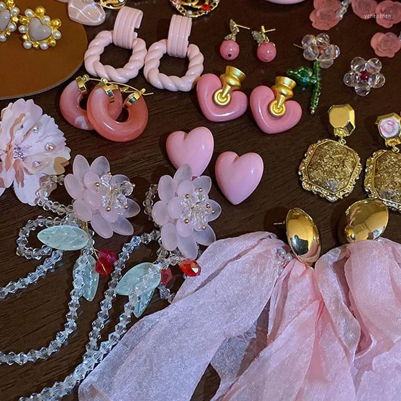 Kolczyki Dangle Romantyczne kwiatowe serce biżuteria Klasyczna urok Vintage różowy biżuteria delikatne z koraliki frędzlami kolczyki