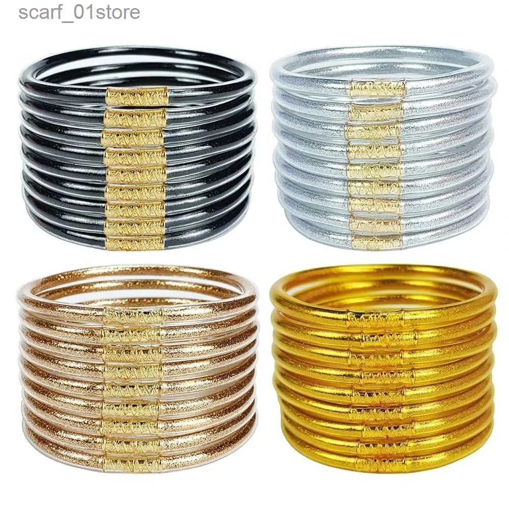 Set di braccialetti di gelatina glterata da 9 pezzi/set per donna Braccialetti di silicone di gelatina riempi di glter per ragazza