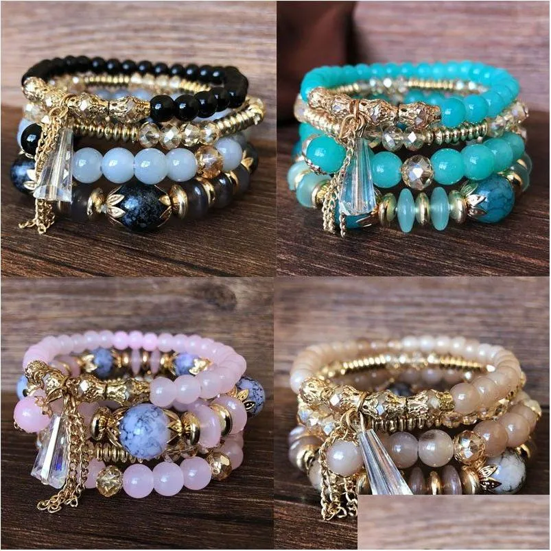 Bedelarmbanden Voleaf Vintage Natuursteen Kralenarmband Boheems Mti Gelaagd Kristal Boho Sieraden Set Voor Vrouwen Vbr127 Drop Deliver Dhpf2