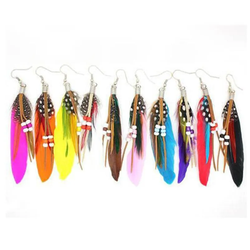 Dangle Chandelier 1Pair Summer Colorf Tassel Dangling Earrings Feather Leather Beads Feathers Womens Fashion Jewelry Drop D Dhgarden Dhm0X