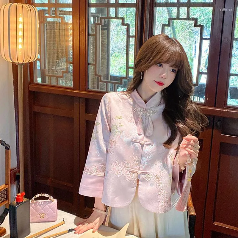 Etnische kleding 2023 Chinese stijl Fashion Women Plate Button Shirt Verbeterde Tangsuits veelzijdige oosterse jas cheongsam blouse