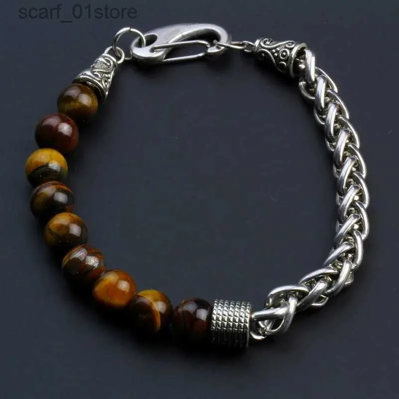 Chain 316L Stainless Steel Chain Bracelet for Men Natural Tiger Eye Stone Beads Bracelet Tren Hip Hop Hand Jewelry Gifts for MaleL231115