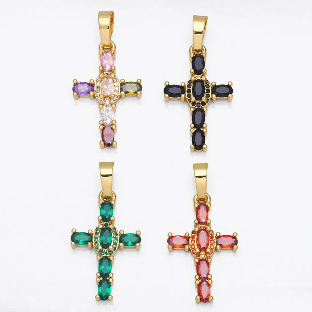 Charms Big Rainbow Colorf Cross Pendants For Necklace Gold Plated Copper Zircon Relius smyckekomponenter PDTA638 Drop Delivery Jewelr Dhdzb