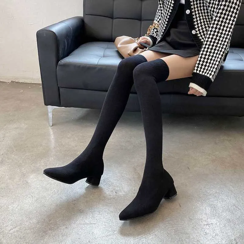 أحذية Winters Boots Silk Boots Boots Winter Winter New Mesh Red Red Knusted Cheeled Knee Socks Women's Long Tube High Flastic Medium Cyel Boots