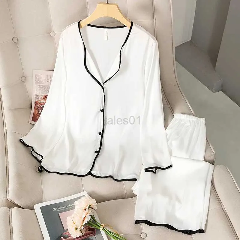 Women's Sleep Lounge Pajamas Women Sleepwear Spring Summer Thin Ice Silk Satin Loungewear Trouser Suits Solid White Black Edge Long Sleeve Home Wear zln231115