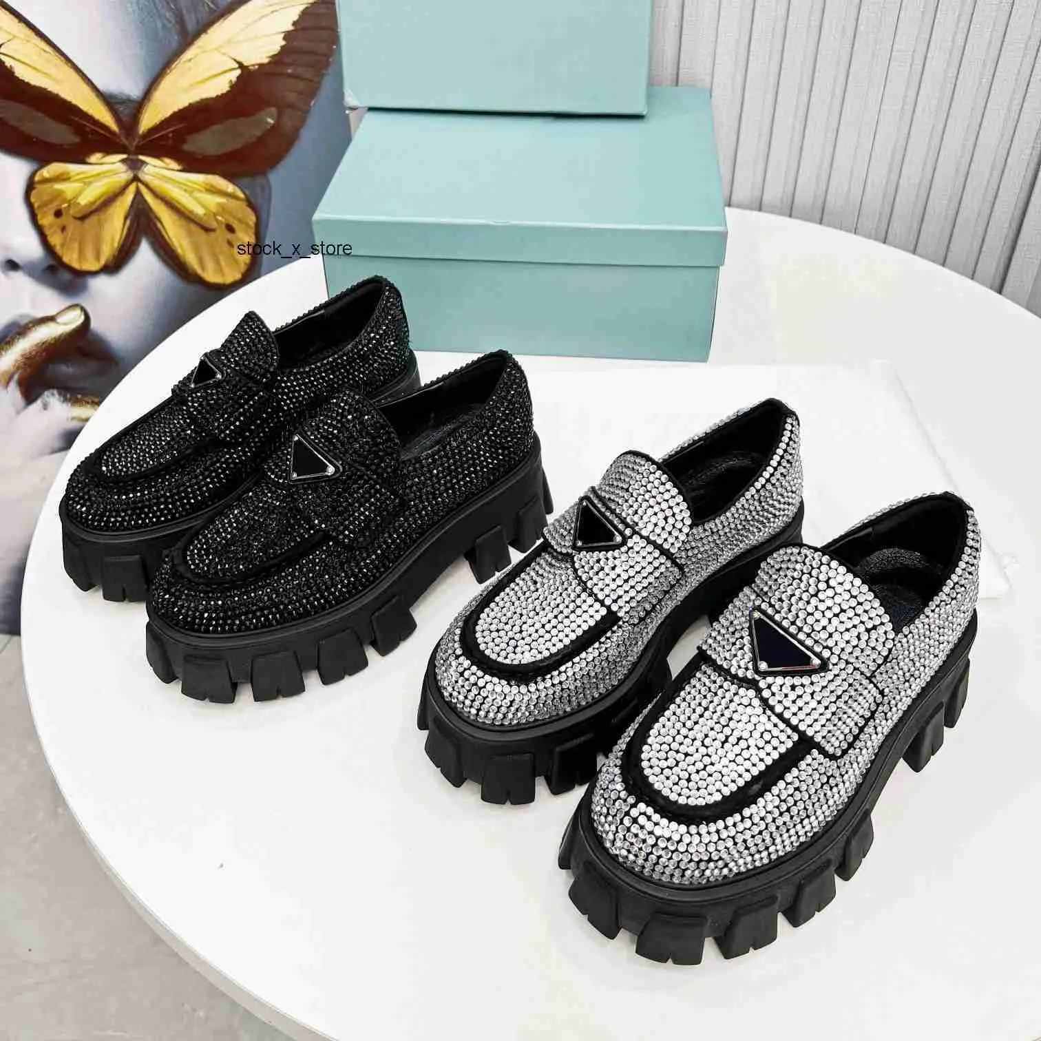 Designer women crystal-embellished casual shoes thick bottom gear triangle loafers black genuine leather shoe Increase platform sneakers 35-42