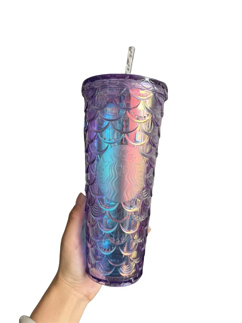 Set Di 2 Tazze Fredde Con Borchie Da 710 Ml - Bicchieri A Doppia Parete In Plastica Con Coperchio, Cannucce E Spazzole Per Pulizia, Colore Viola Sfumato