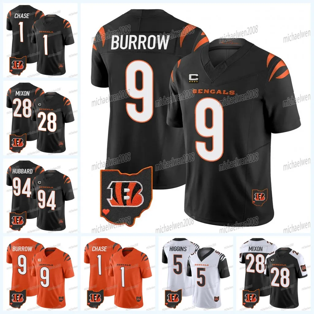 Ja'Marr Chase CIN Joe Burrow Camisas de futebol Bengals Tee Higgins Evan McPherson Joe Mixon Sam Hubbard Logan Wilson Trey Hendrickson Cam Taylor-Britt Germaine Hill